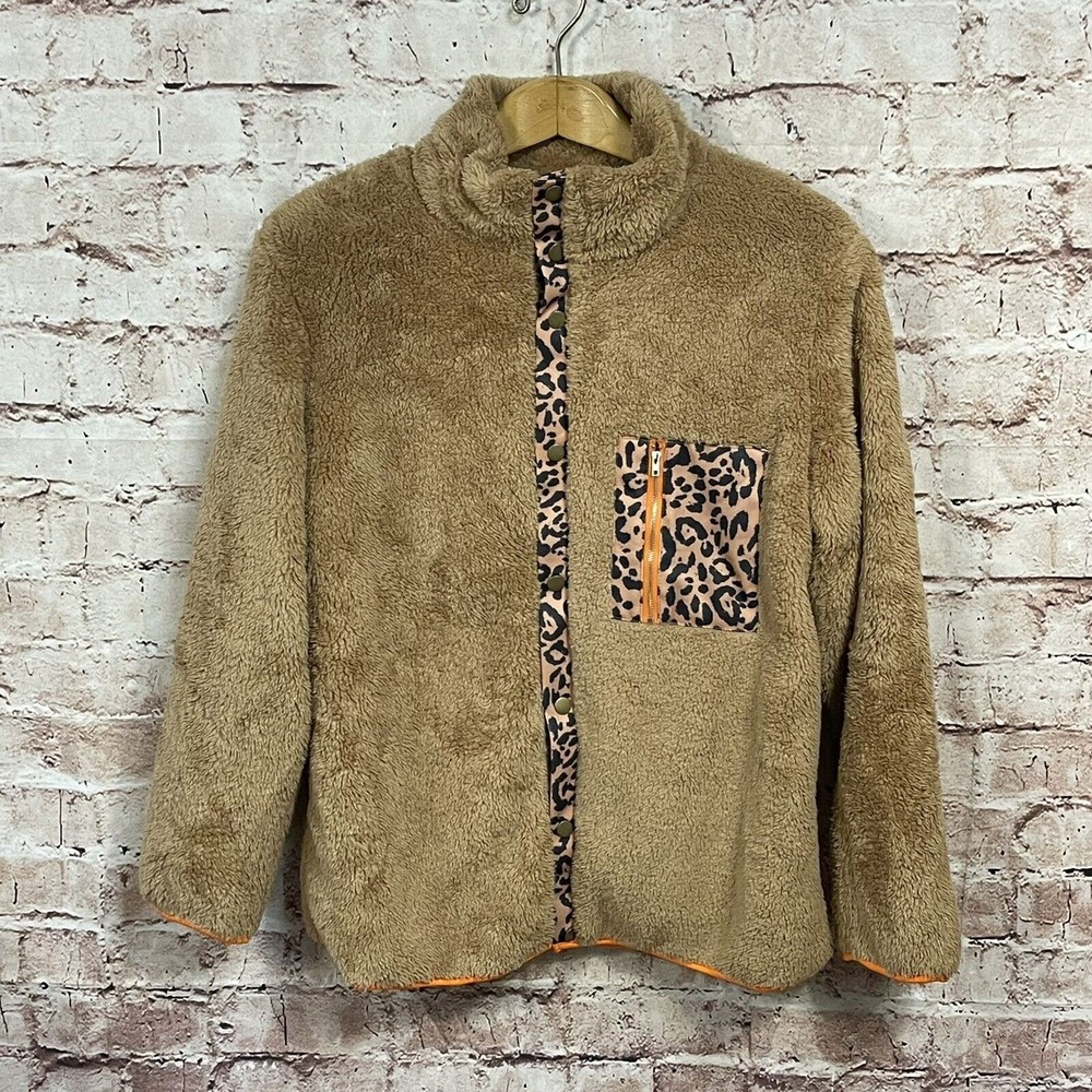 Large Brown Leopard Print Fleece Jacket Mandy Norsworthy Button Up Cozy New NWT